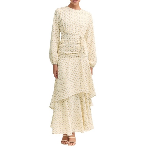 NWT Veiled New York Narjis Side Rouched Maxi Dress Beige Floral Women’s Sz Large - Picture 1 of 9